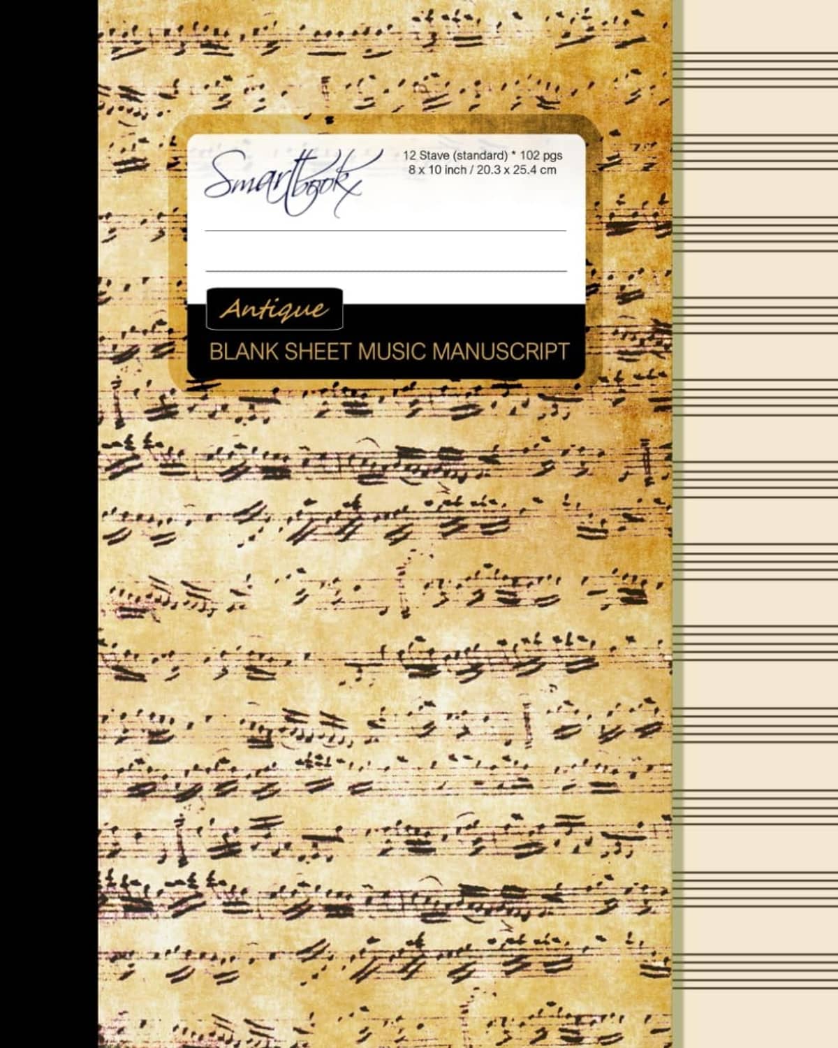 Antique-style blank sheet music manuscript notebook, beige cover with staff lines and musical notes