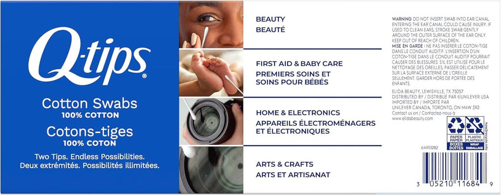 Cotton swabs box showing uses and Q-tips logo