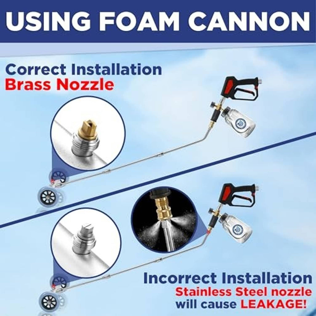 Undercarriage cleaner wand with foam cannon attachment and brass nozzle fittings