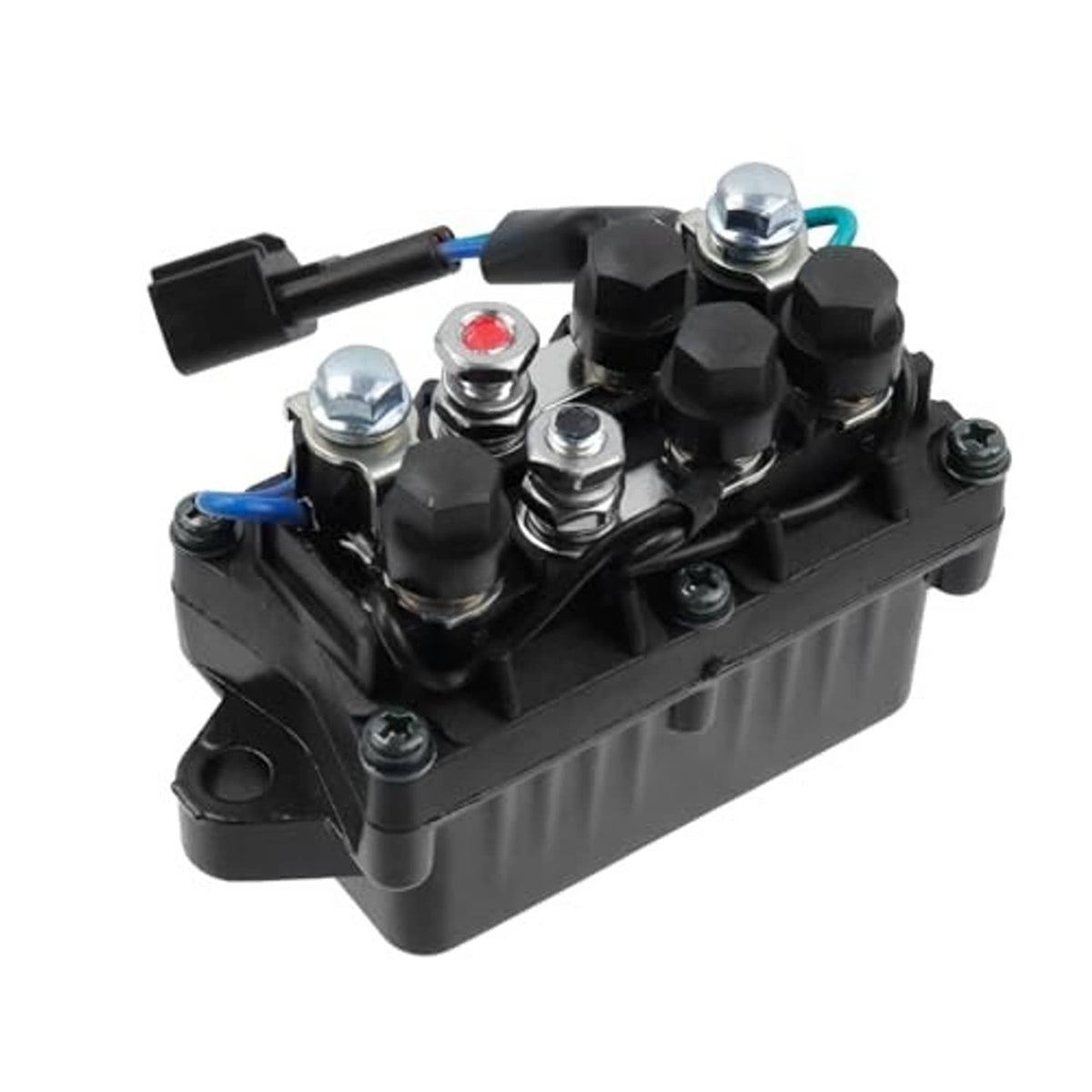 Tilt trim relay module for Yamaha outboard, angled view of black housing with blue leads and posts