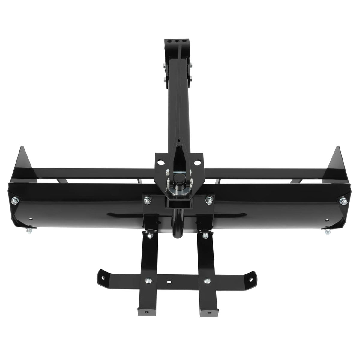 Tow-behind box scraper blade with center hitch and front crossbar supports