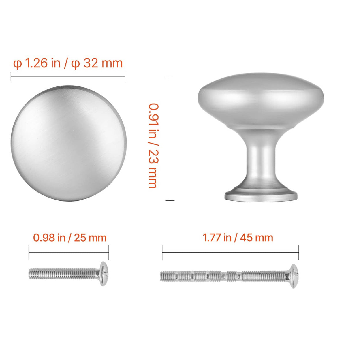 Mushroom cabinet knob with two lengths of mounting screws, brushed zinc alloy finish