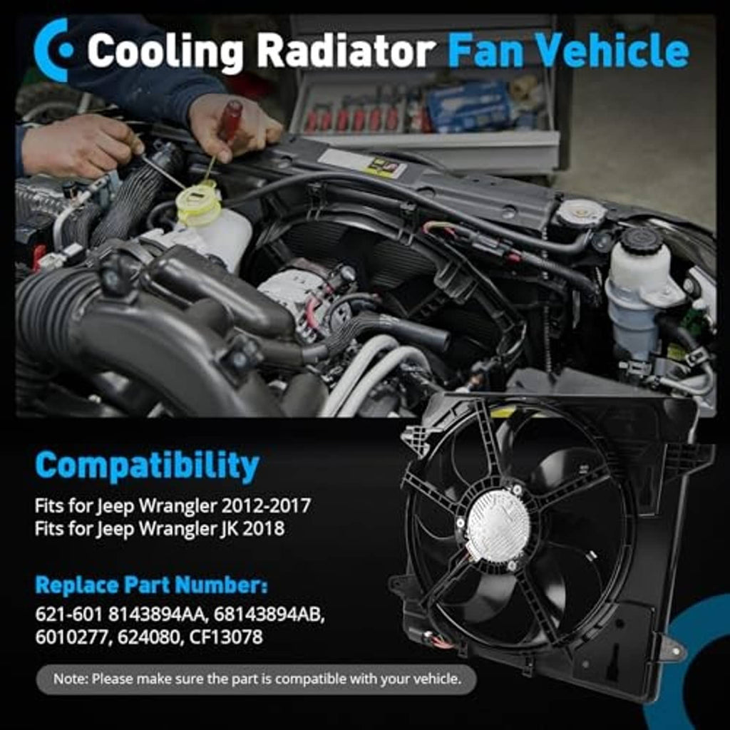 Radiator cooling fan assembly with black shroud and electric fan centerpiece