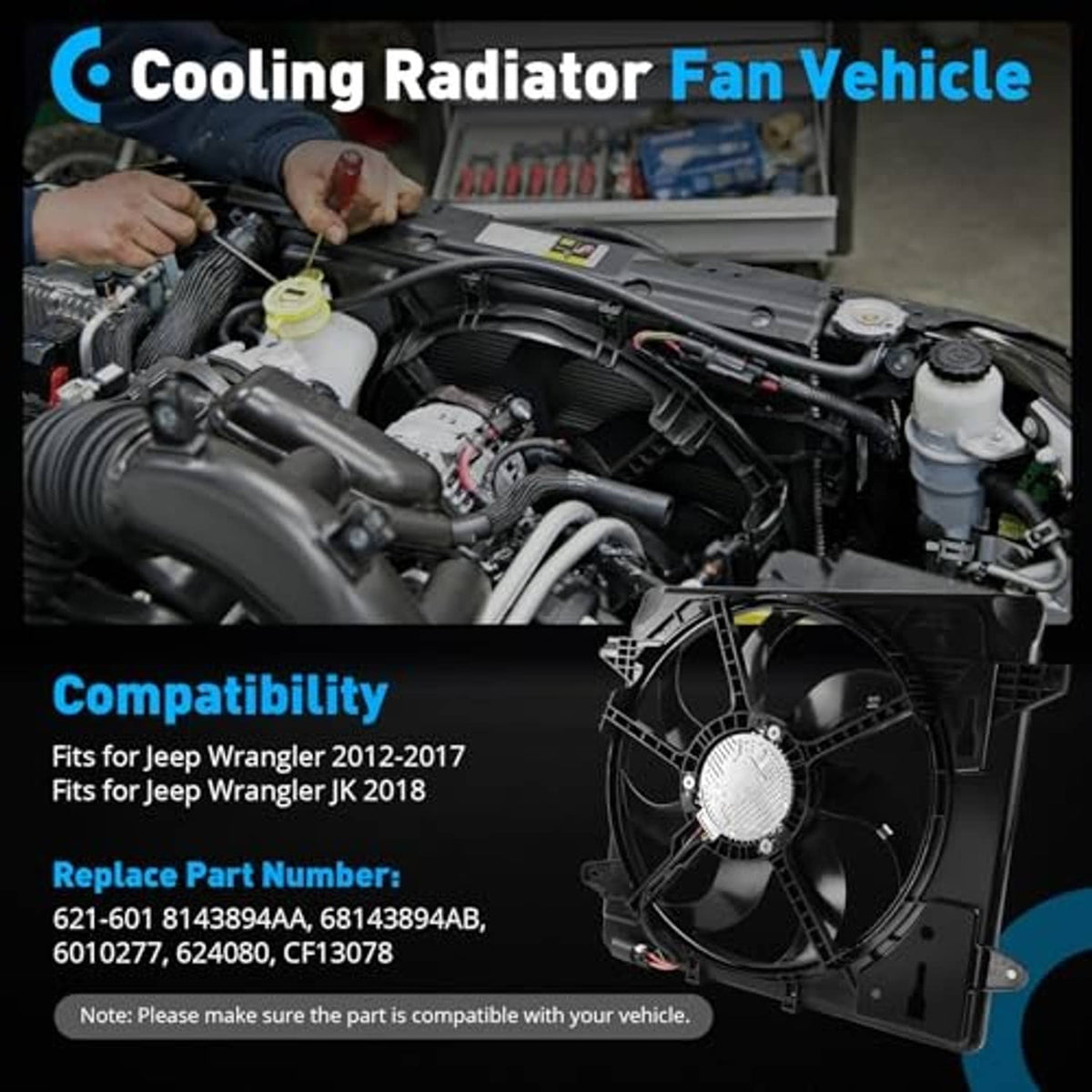 Radiator cooling fan assembly with black shroud and electric fan centerpiece