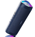 Navy portable Bluetooth speaker cylinder with mesh grille and glowing top light accents