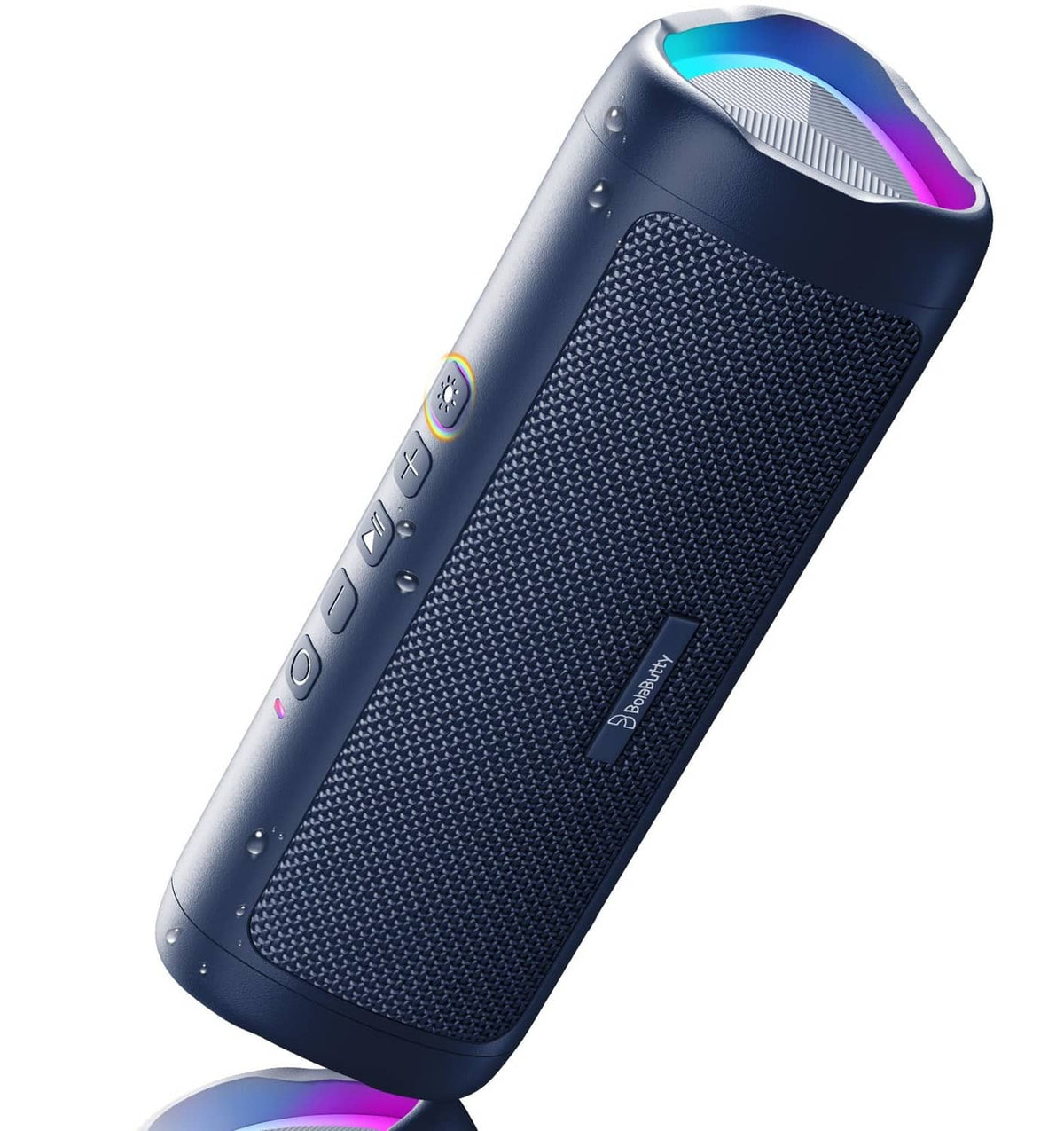 Navy portable Bluetooth speaker cylinder with mesh grille and glowing top light accents
