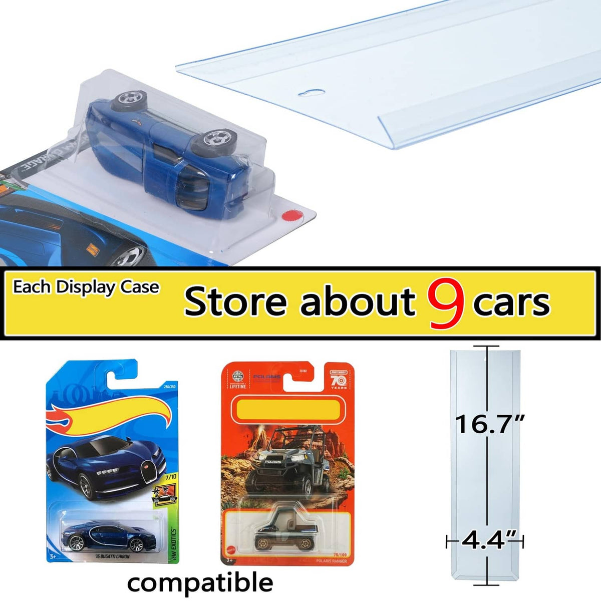 Transparent diecast display case with clear lid and light-blue base, boxed