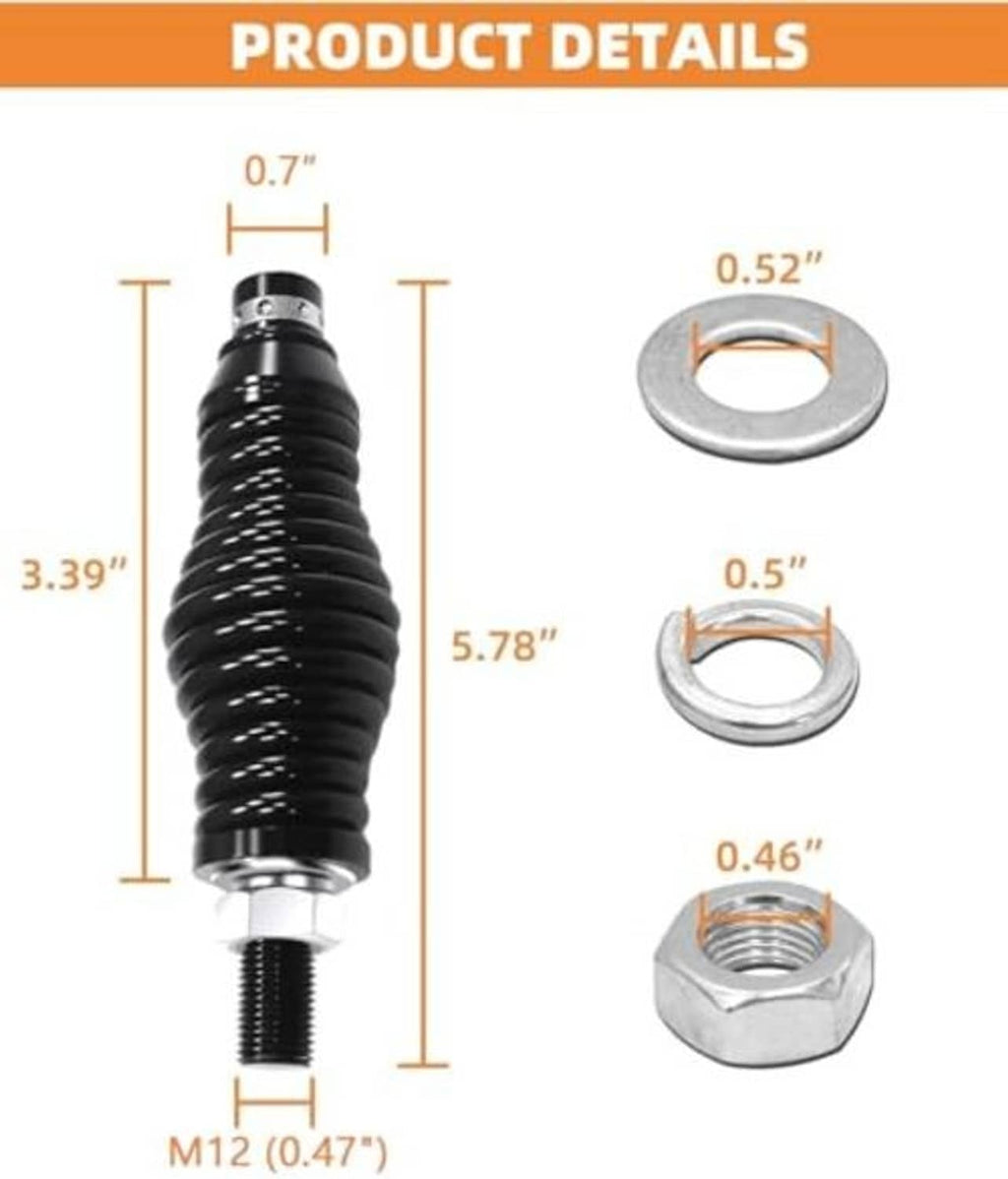 Black coiled spring with threaded M12 stud and included steel washers