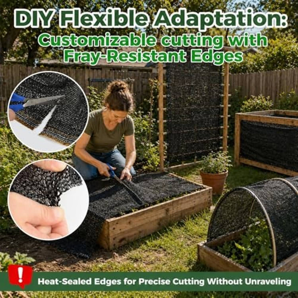 DIY sun shade cloth with cuttable, fray-resistant edges over garden beds