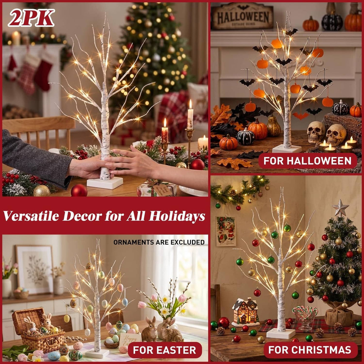 LED white birch tree decorations with warm lights in a holiday scene, 2 pack