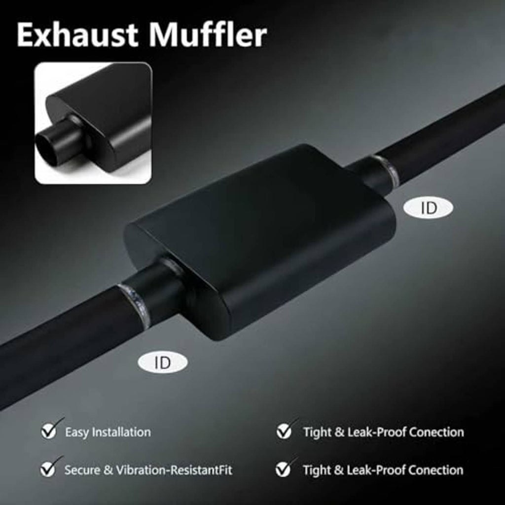 Black exhaust muffler with two pipe ends and ID-marked inlet/outlet ports.