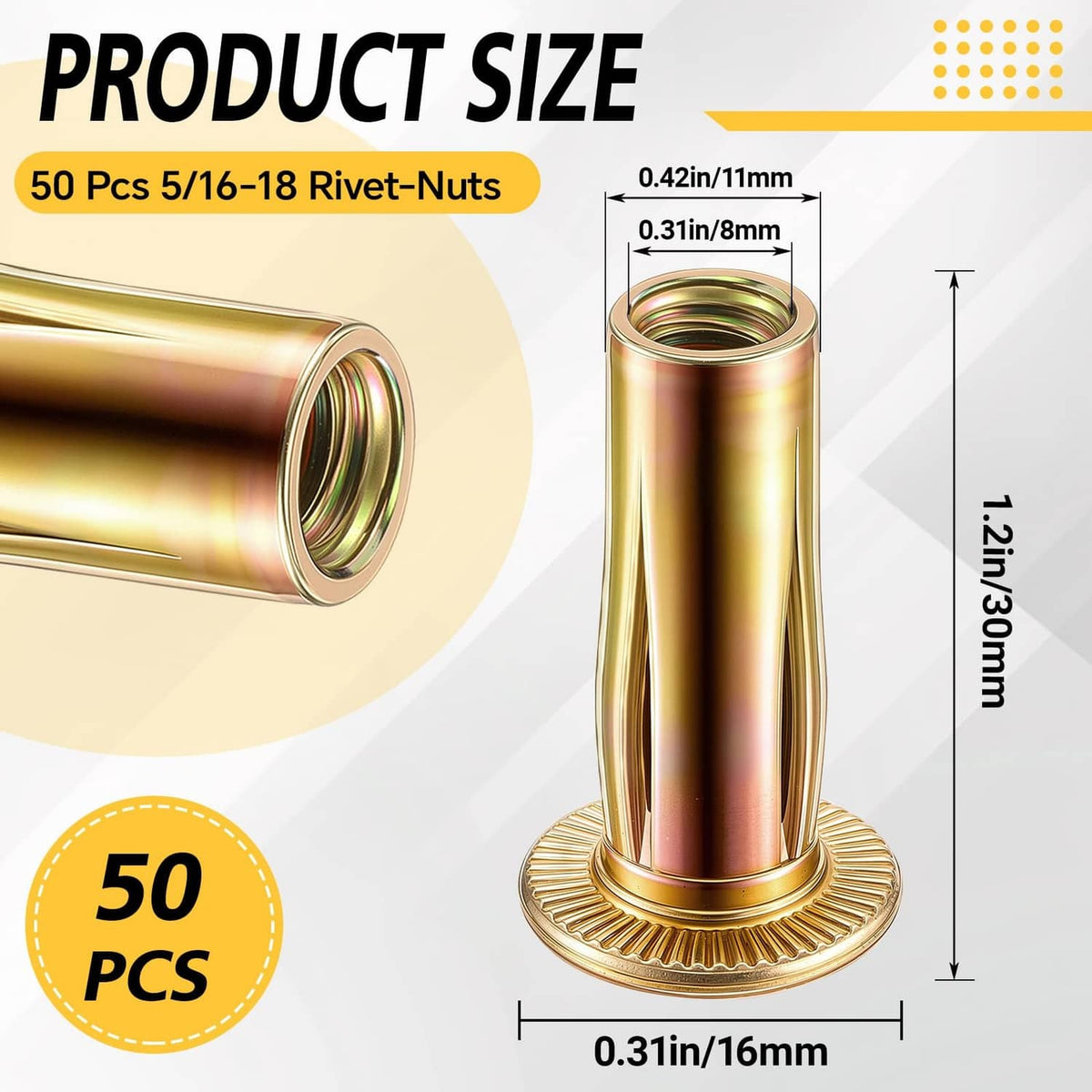Gold 5/16-18 threaded rivet nut insert with flange base, tall view