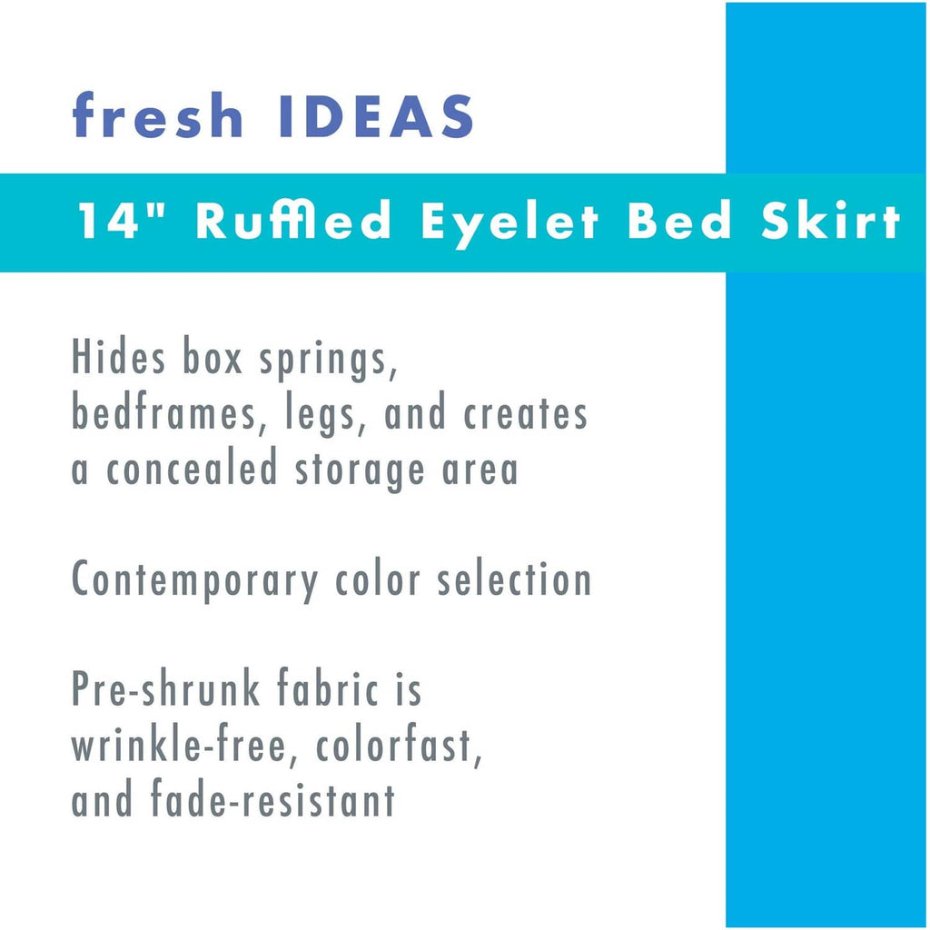White ruffled eyelet bed skirt fabric, folded and displayed in retail packaging