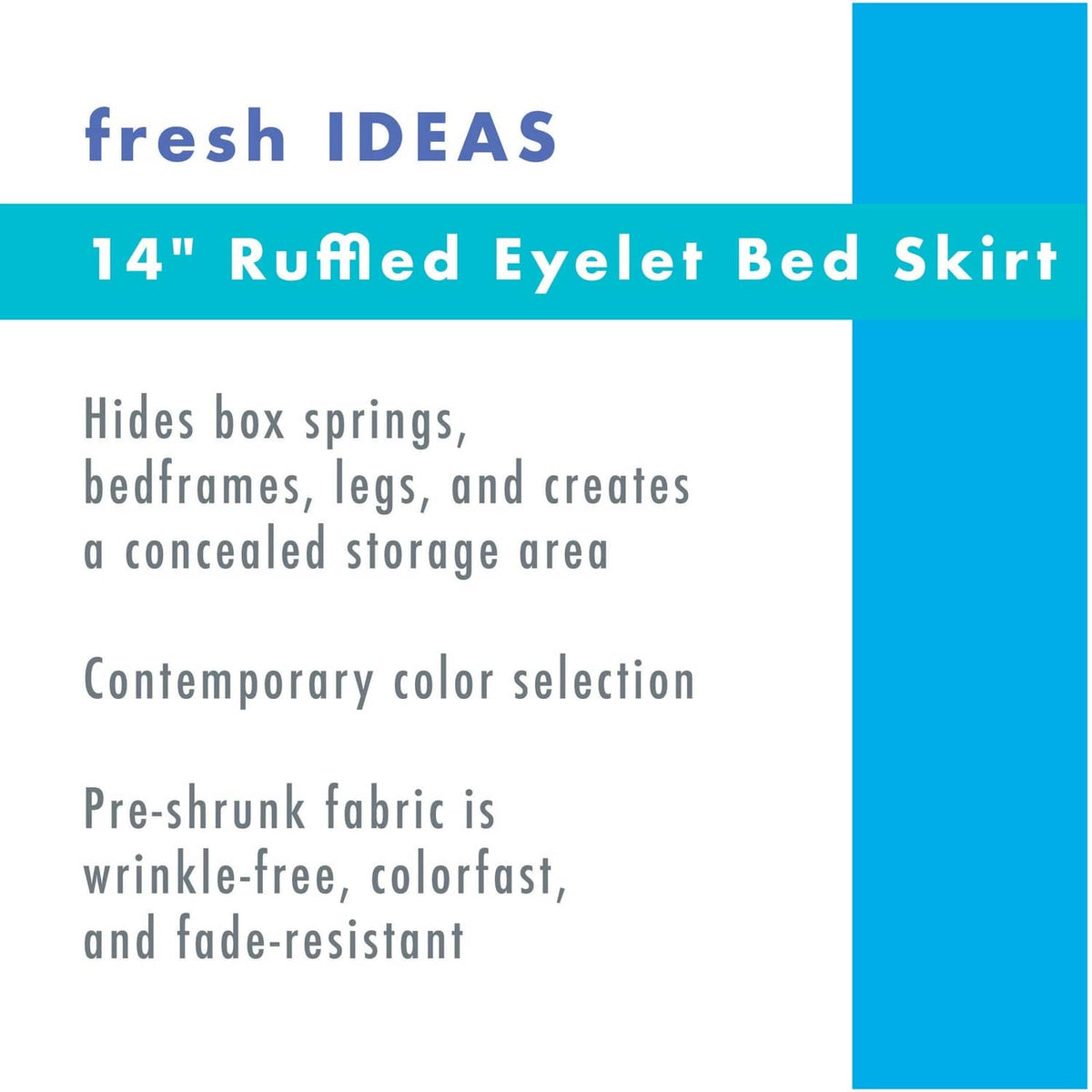 White ruffled eyelet bed skirt fabric, folded and displayed in retail packaging
