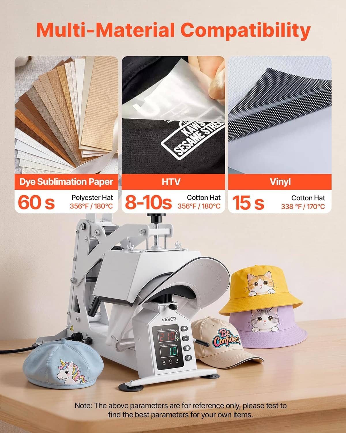 Hat heat press machine showing compatibility with dye sublimation, HTV and vinyl