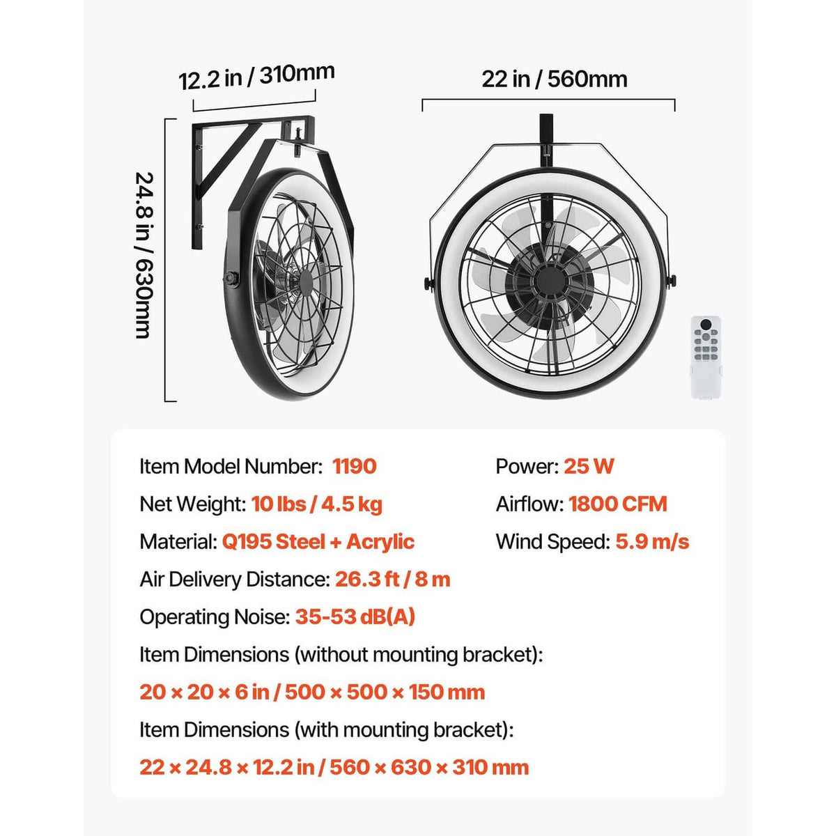 Wall-mount fan with light, size and power specifications shown on diagram