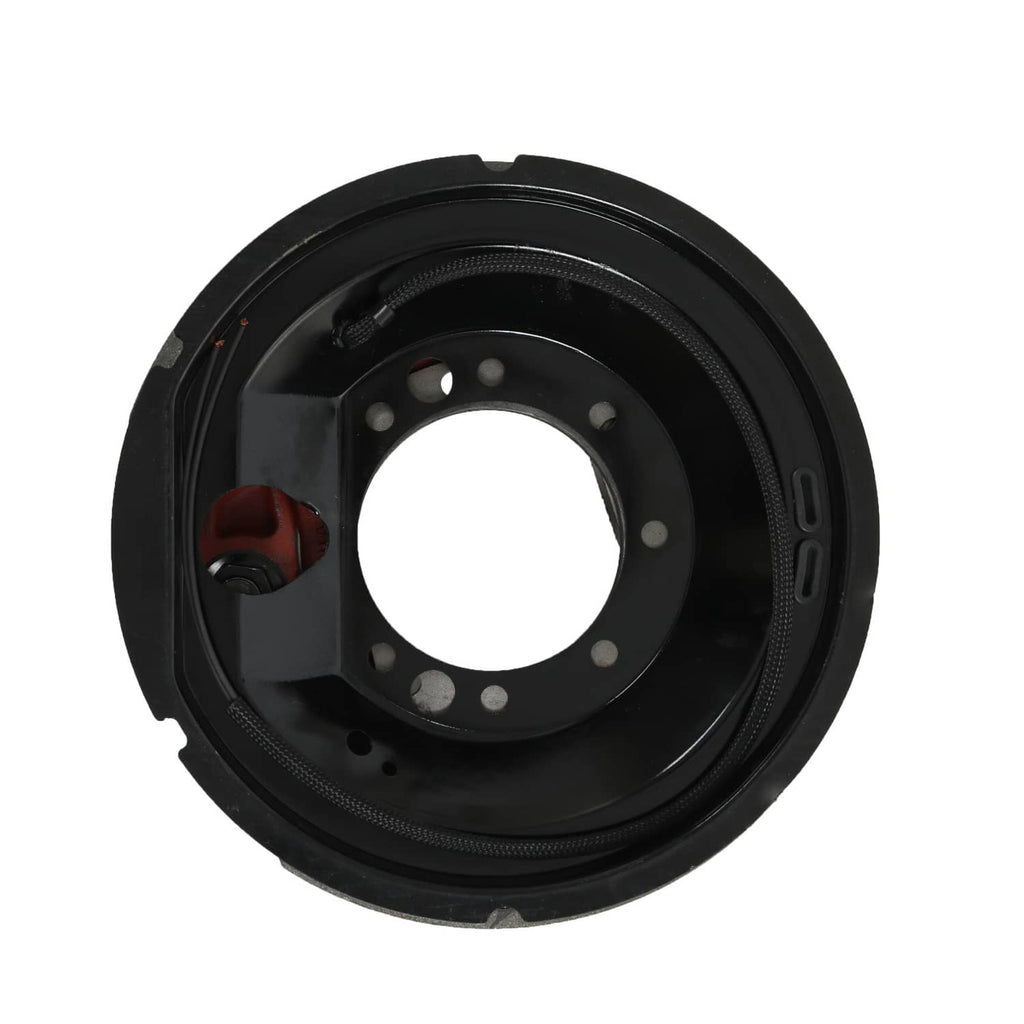 Black electric trailer brake backing plate with circular backing and mounting holes