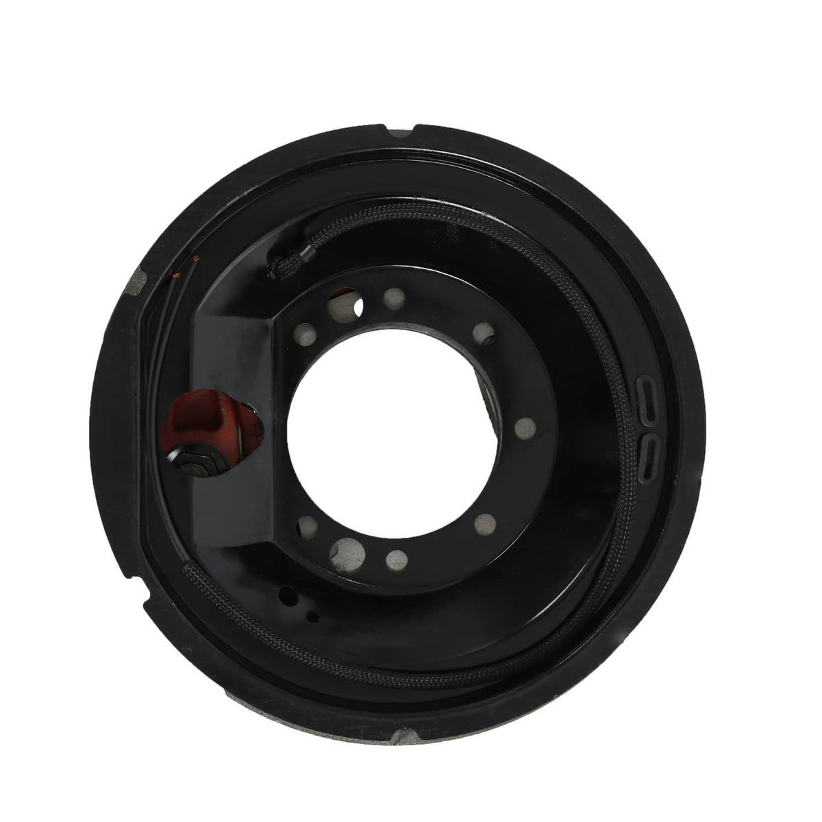 Black electric trailer brake backing plate with circular backing and mounting holes