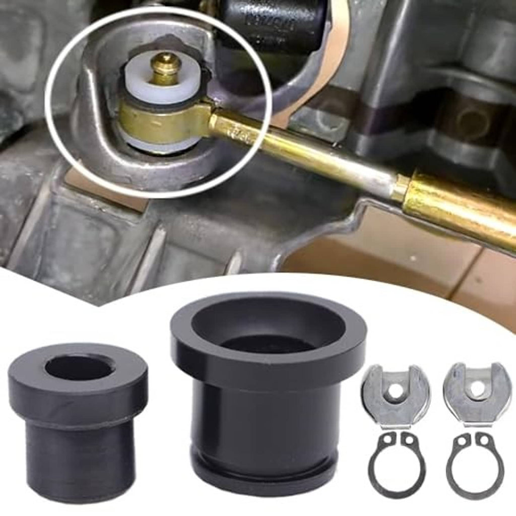 Shift cable bushing kit components including black sleeves and metal retainer clips