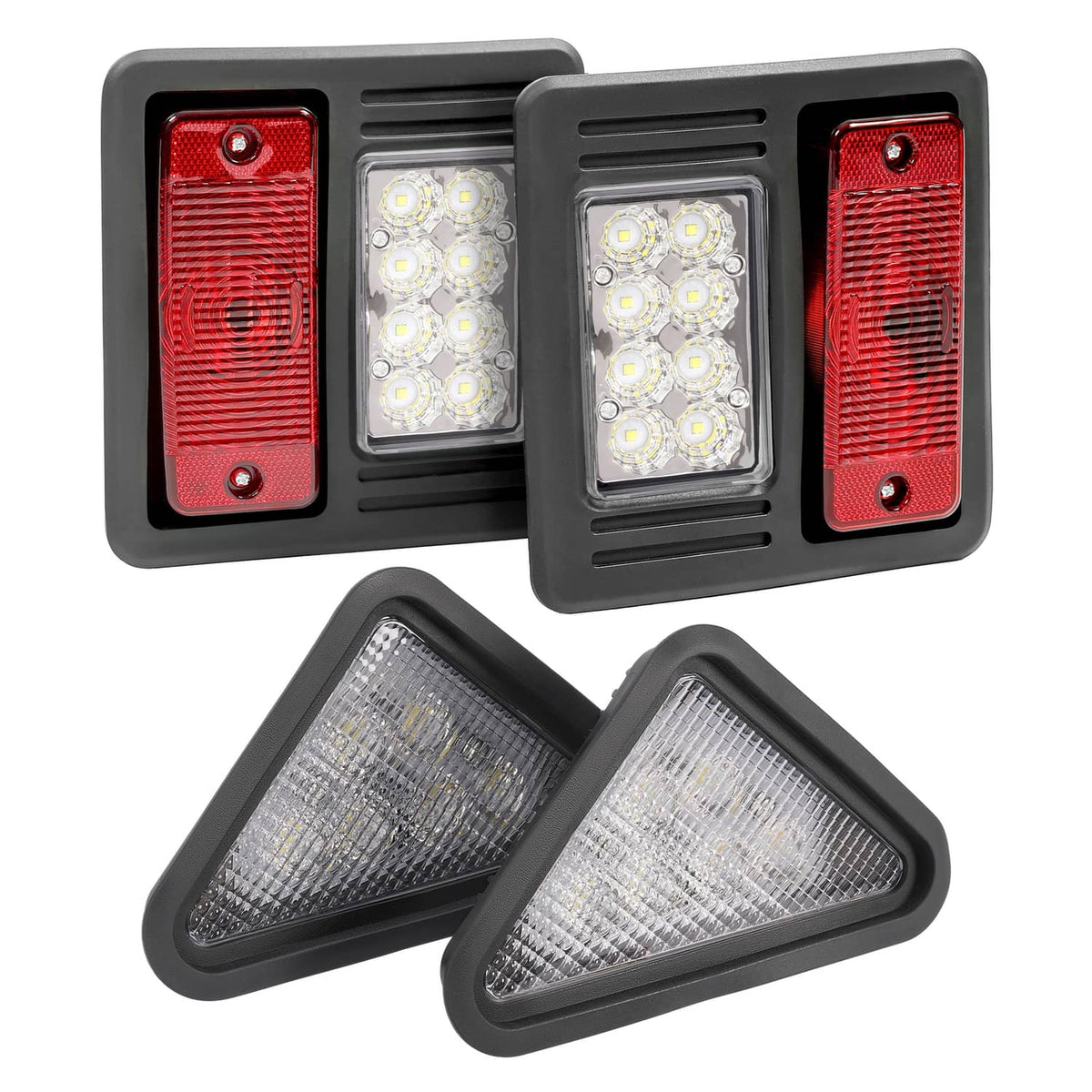 LED exterior light set with two black modules with red lenses and two clear triangular reflector lights