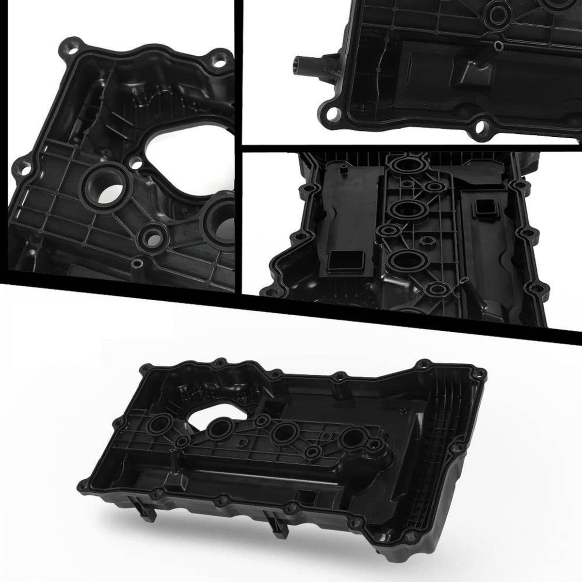 Black engine valve cover housing with circular opening and internal ribbed structure