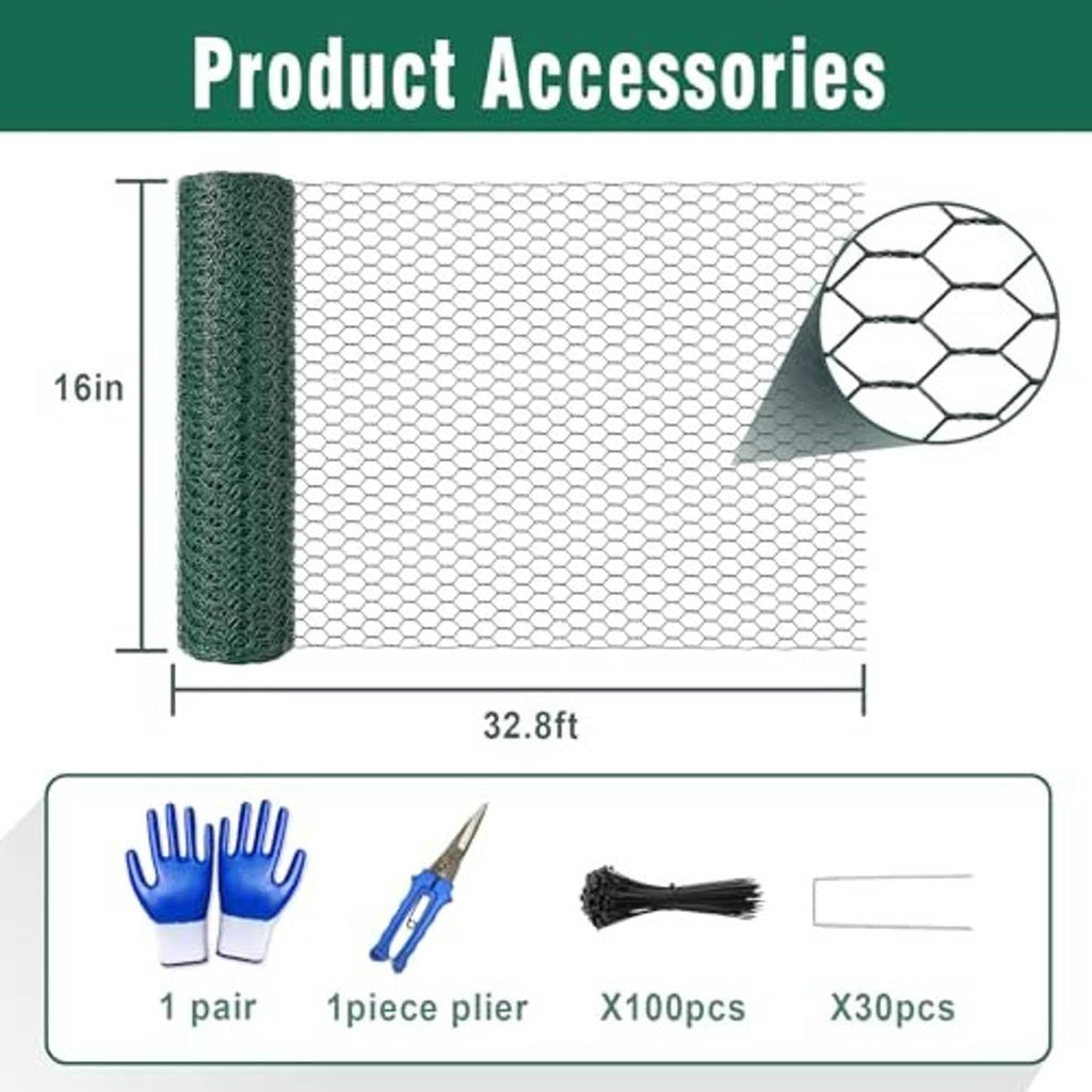 Green metal chicken wire roll and sheet, 32.8 ft by 16 in plant protector
