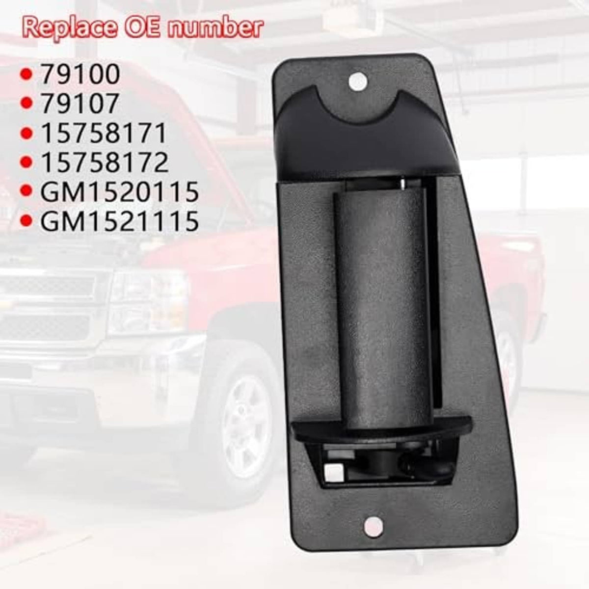 Black exterior door handle assembly, textured surface with latch and mounting holes
