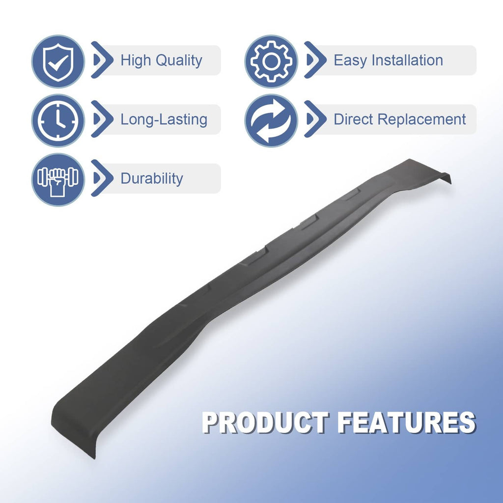 Long front lower valance insert, dark black plastic, shown in product feature view.