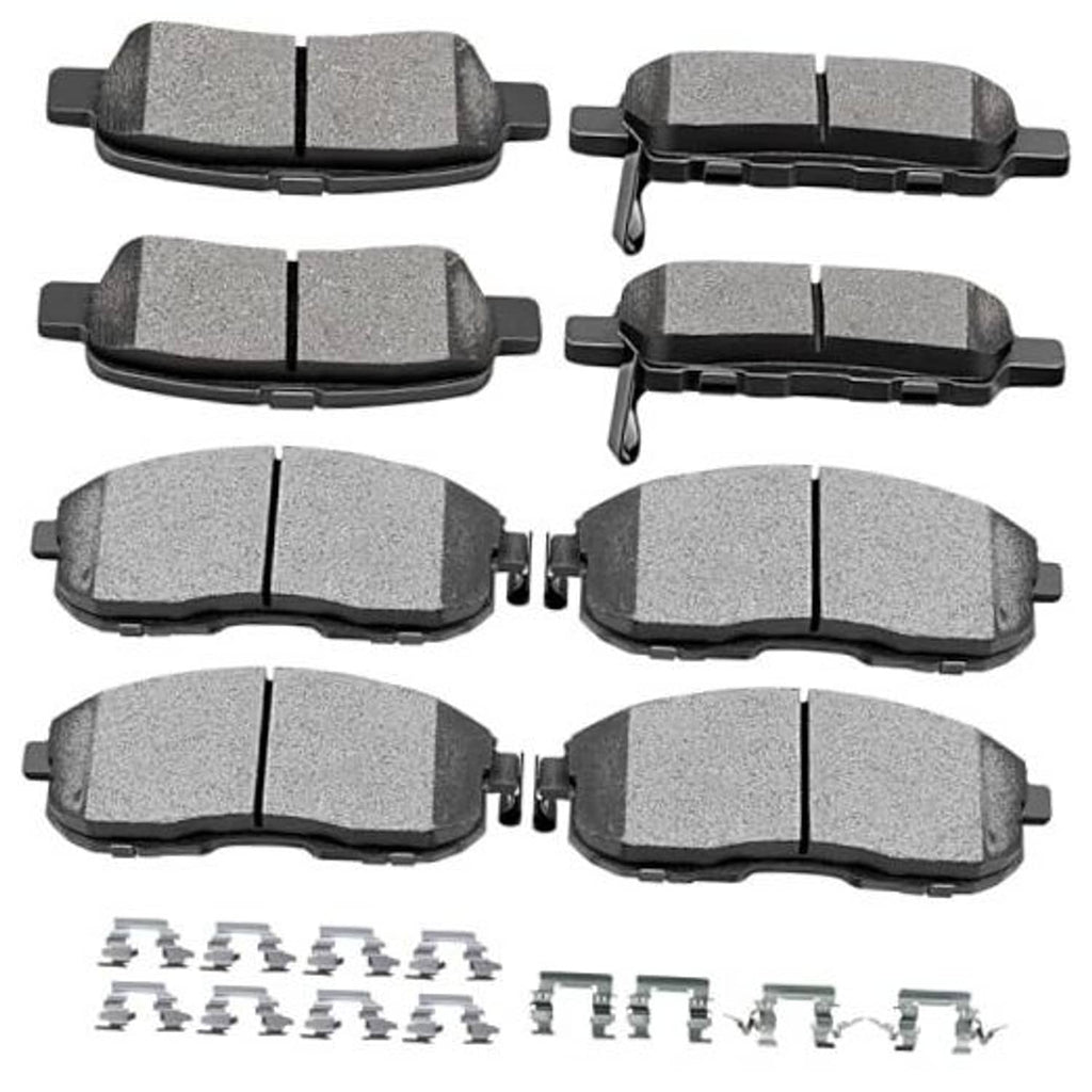 Ceramic brake pad set, gray friction pads with metal backing and clips (8 pcs)
