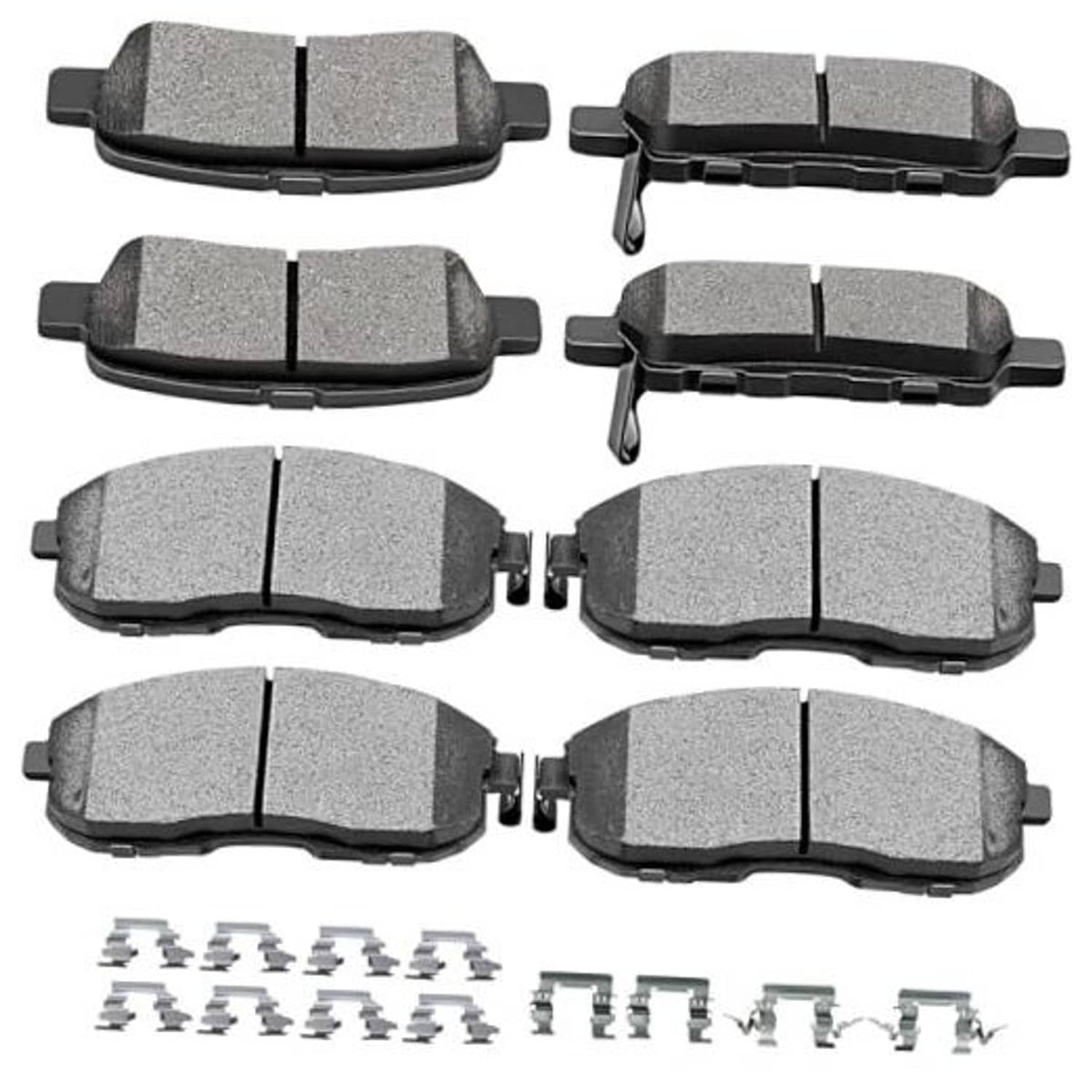 Ceramic brake pad set, gray friction pads with metal backing and clips (8 pcs)