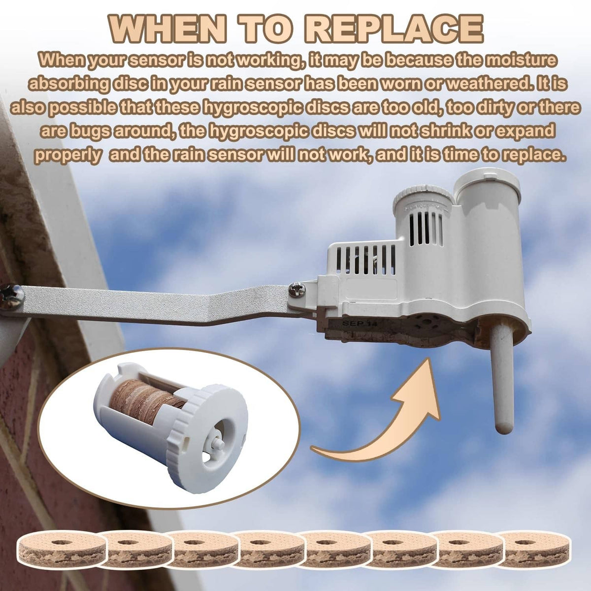 Replacement rain sensor moisture discs, tan round cork pads with center hole strip