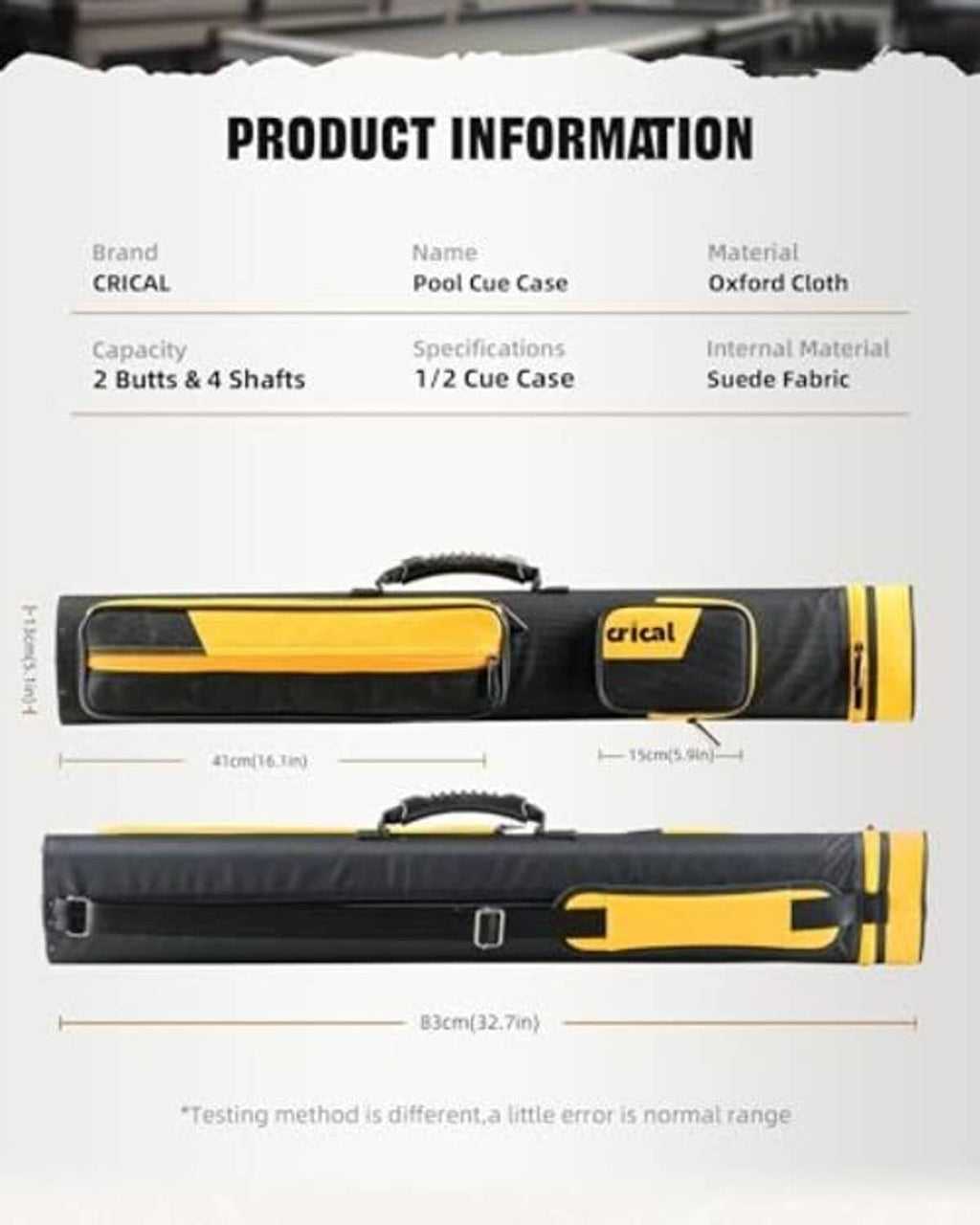 Black and yellow pool cue case with two compartments and side latches, hard shell