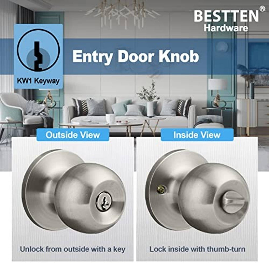 Satin nickel entry door knob lock showing outside keyway and inside thumb-turn