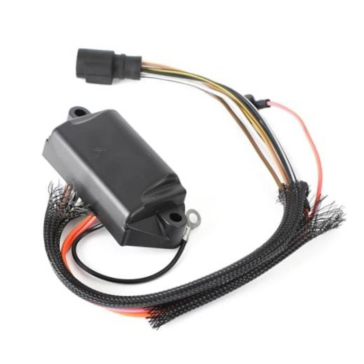 CDI switch box assembly with black housing and bundled wiring harness, visible connector end