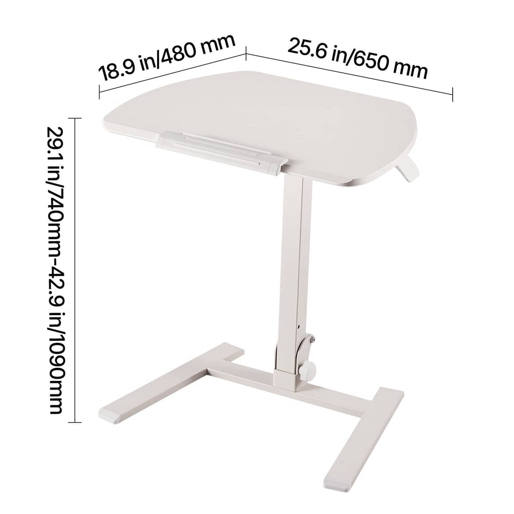 Rounded light tabletop standing desk with white base legs and height adjustment column