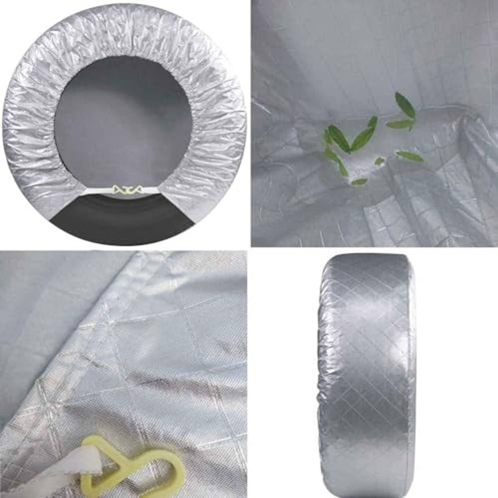 Silver tire cover fabric with quilted texture, shown from front opening and side