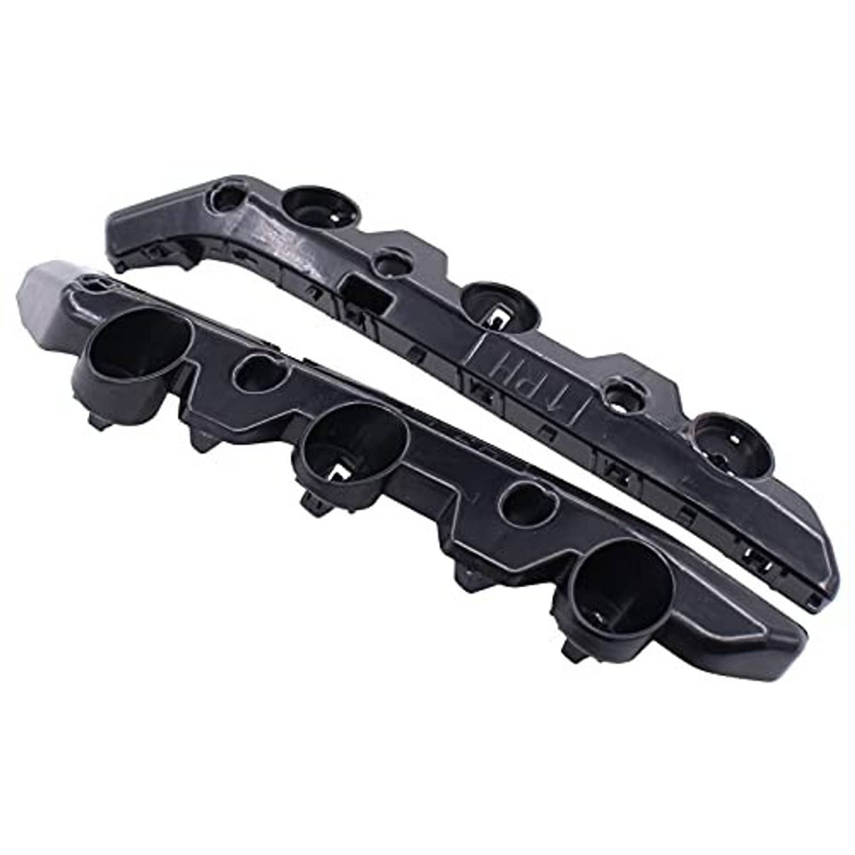 Front bumper bracket retainer pair, black plastic with circular openings and tabs