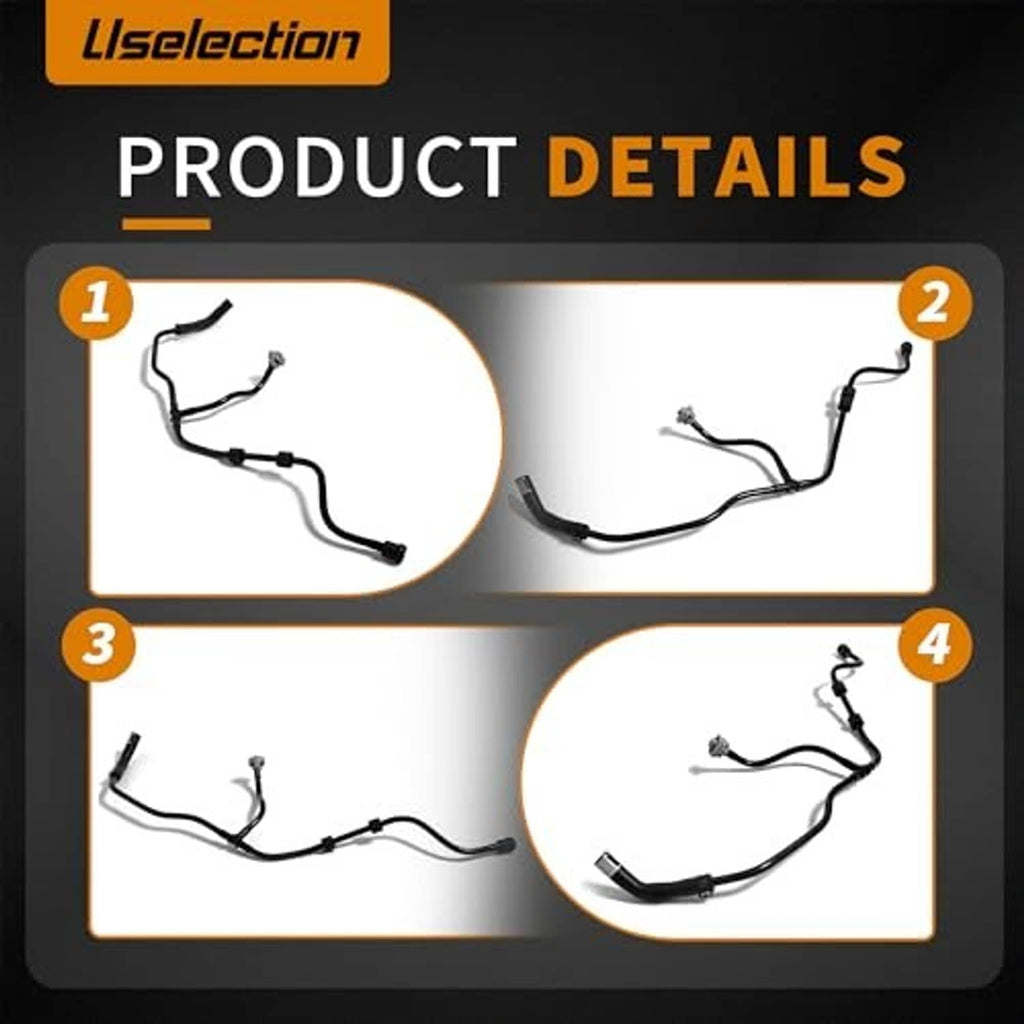Radiator coolant reservoir hose with multiple black lines and metal end fittings