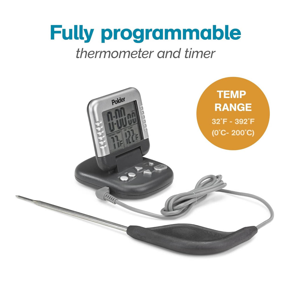 Fully programmable Polder digital meat thermometer with probe, cord, and timer display