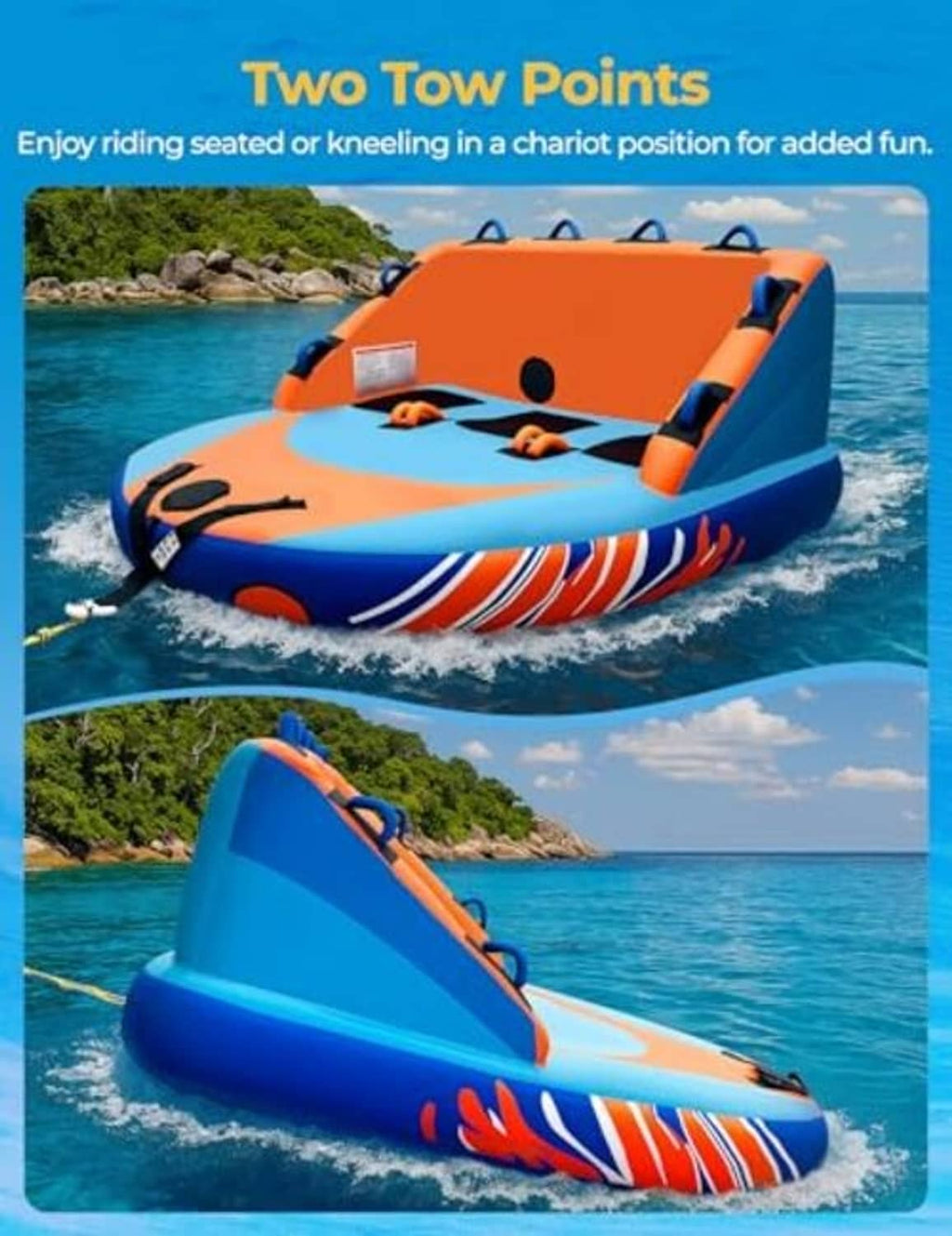 Inflatable towable tube featuring two tow points and a rear towing line