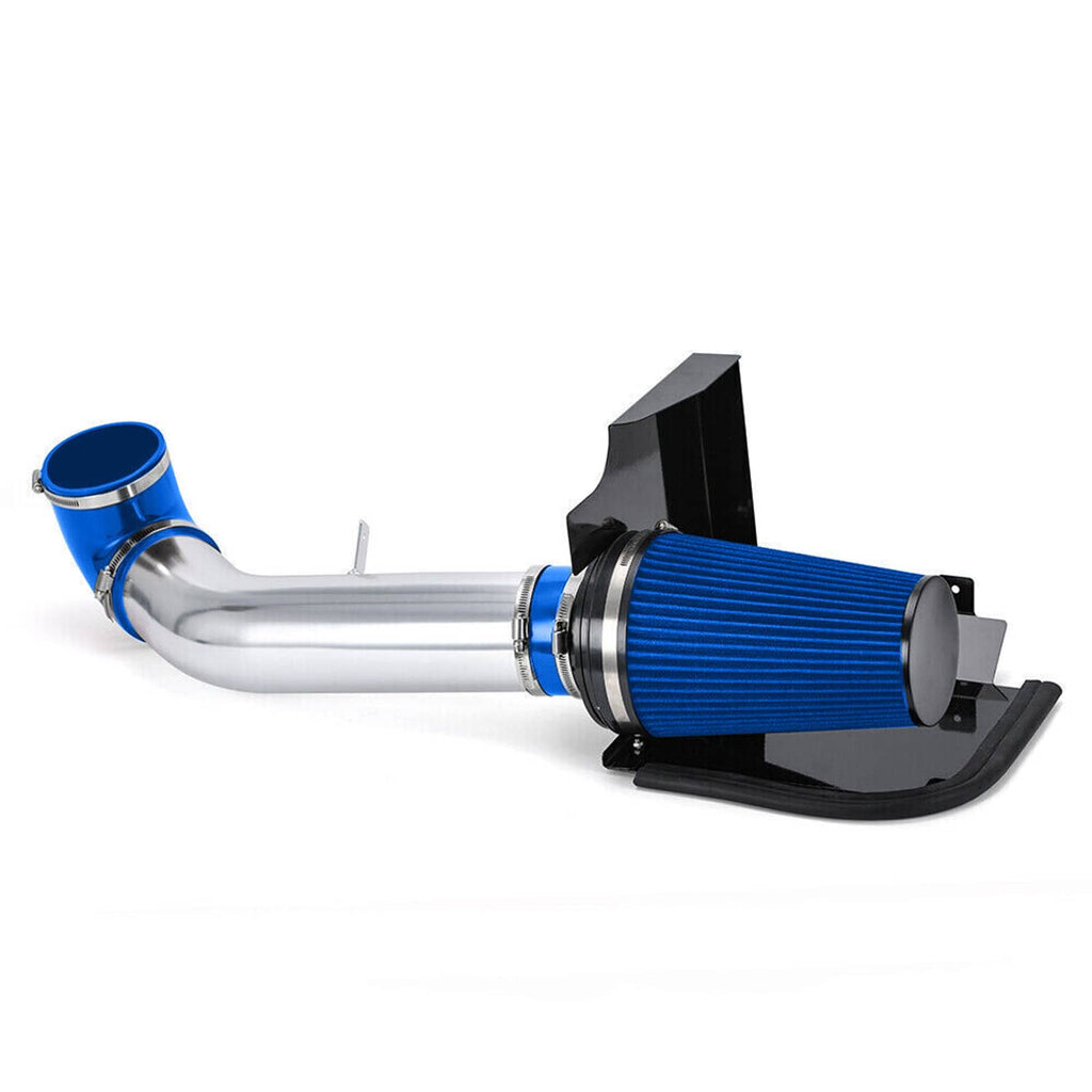 Cold air intake assembly with blue cone filter, silver piping, blue coupler, black heat shield.