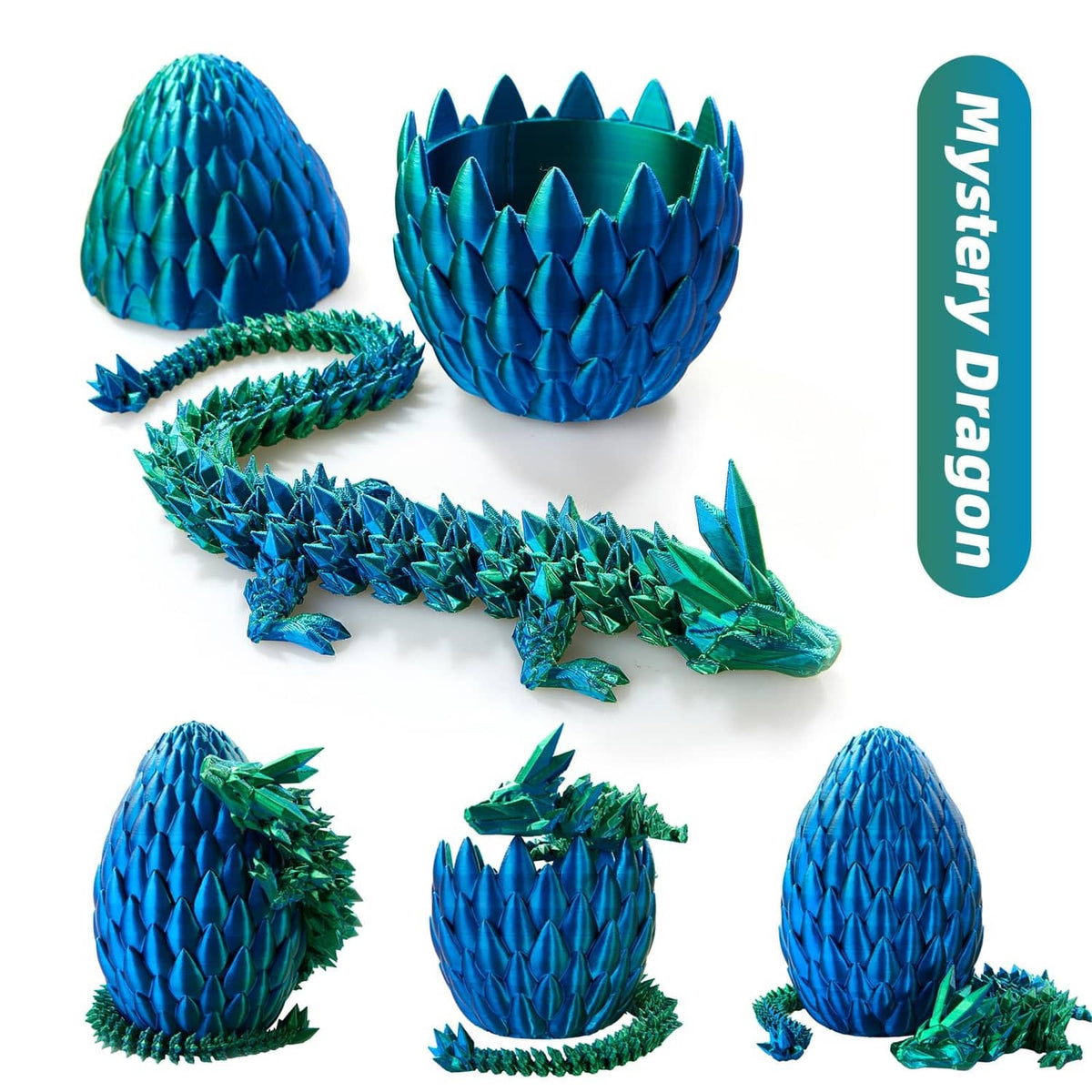 Blue green dragon egg figurine with separate crystal shard pieces and spiked base