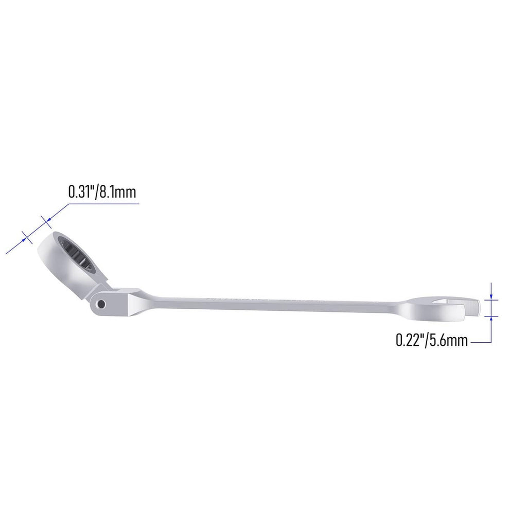 Long 6mm ratcheting combination wrench with open end and 12-point box, silver