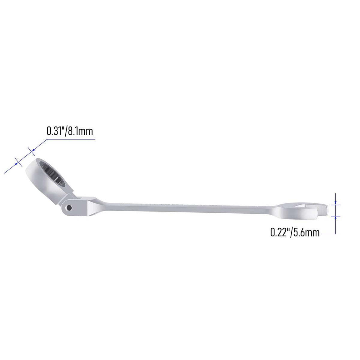 Long 6mm ratcheting combination wrench with open end and 12-point box, silver
