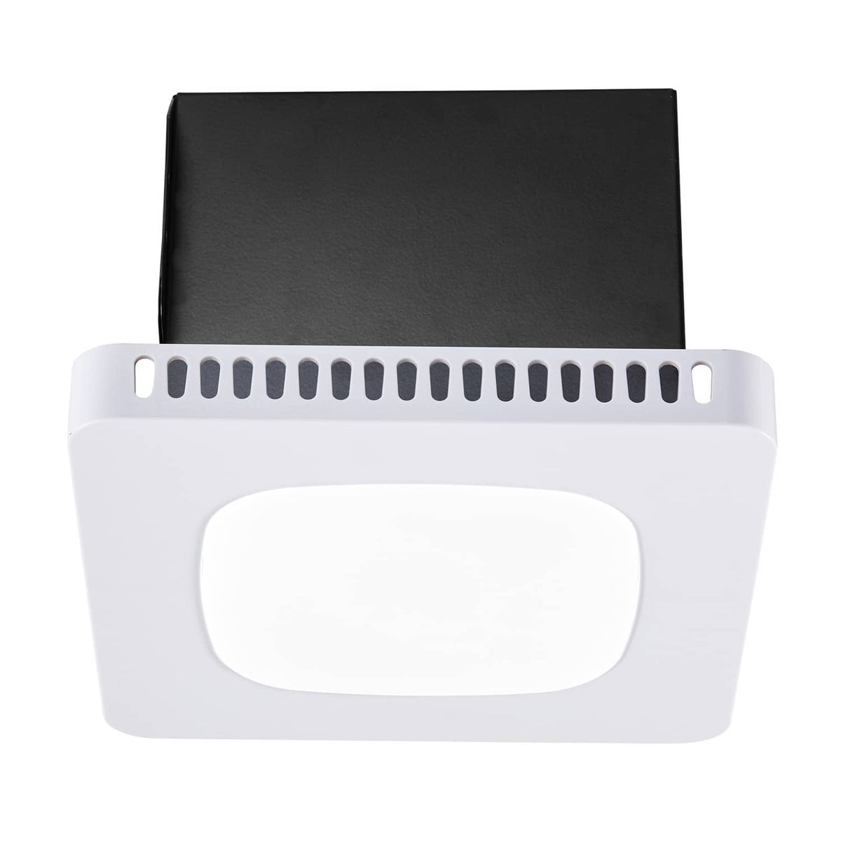 Bathroom ventilation fan with LED light, front view with white housing and black panel