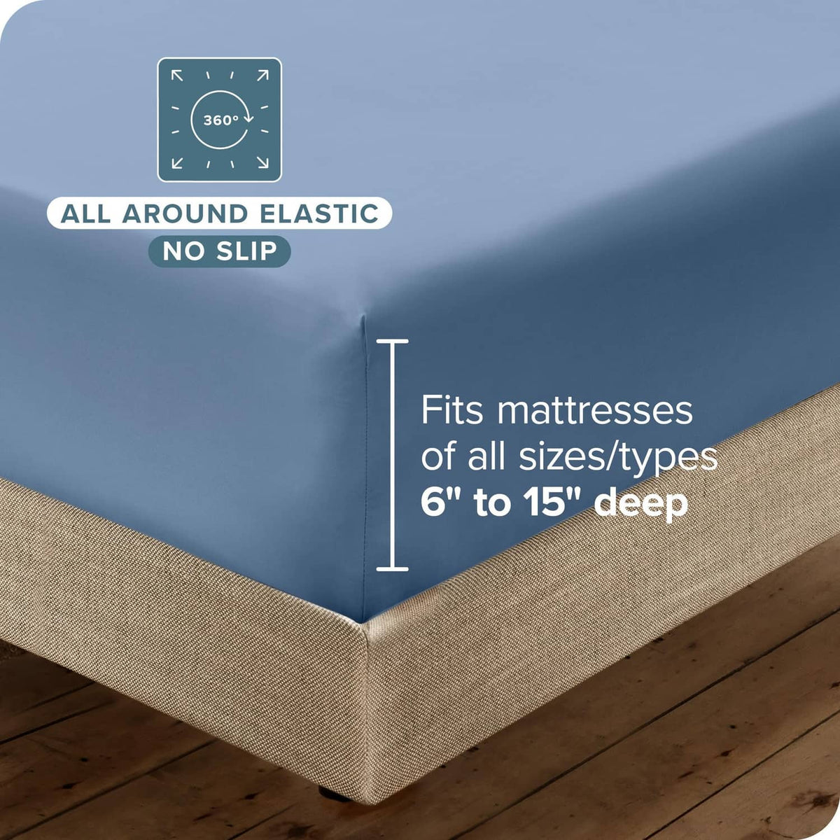 Blue fitted sheet with deep-pocket all-around elastic corner