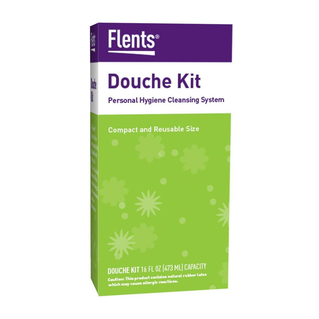 Flents Douche Kit compact reusable size box, green and purple packaging