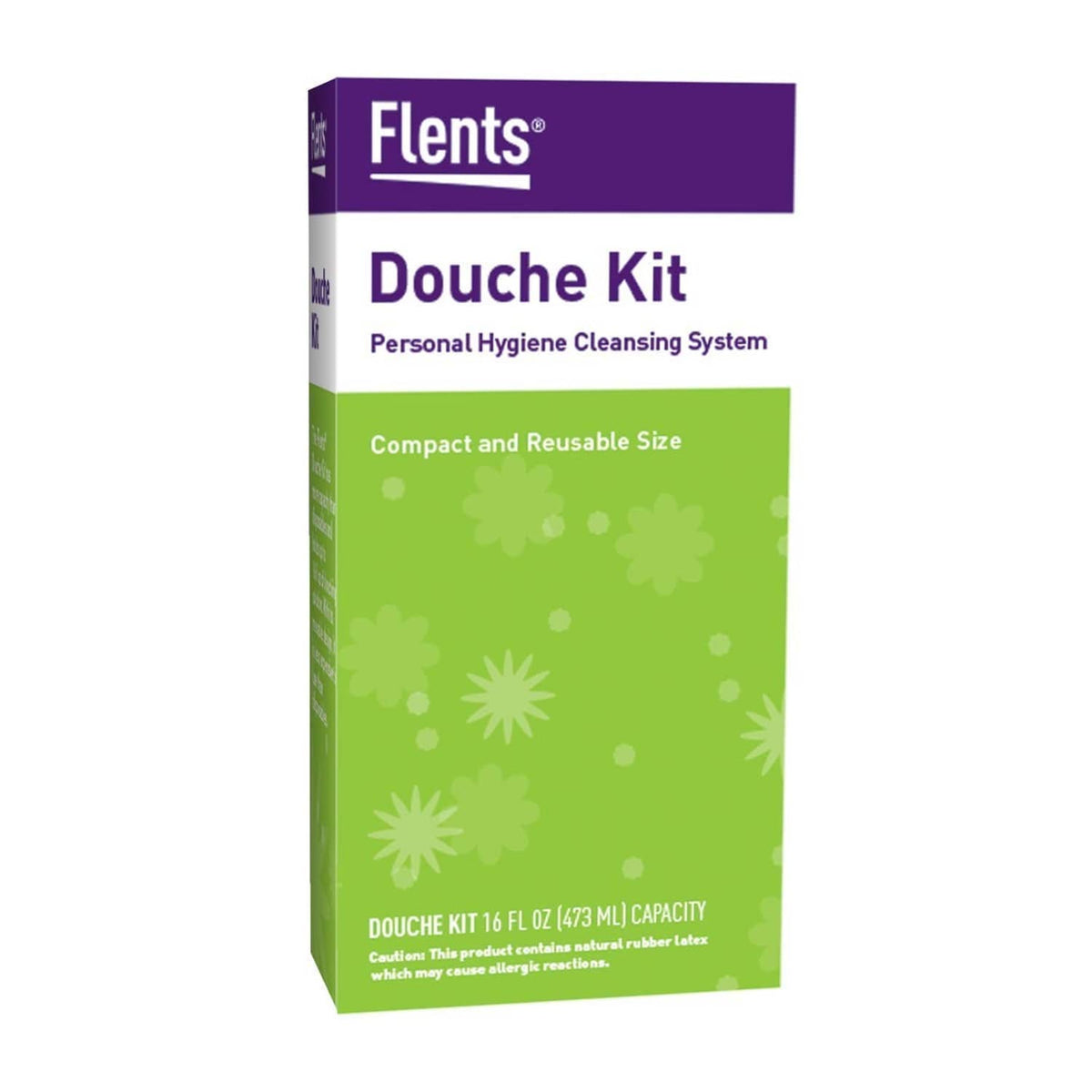Flents Douche Kit compact reusable size box, green and purple packaging