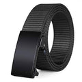 Black nylon ratchet web belt with rectangular automatic buckle, adjustable fit strap.