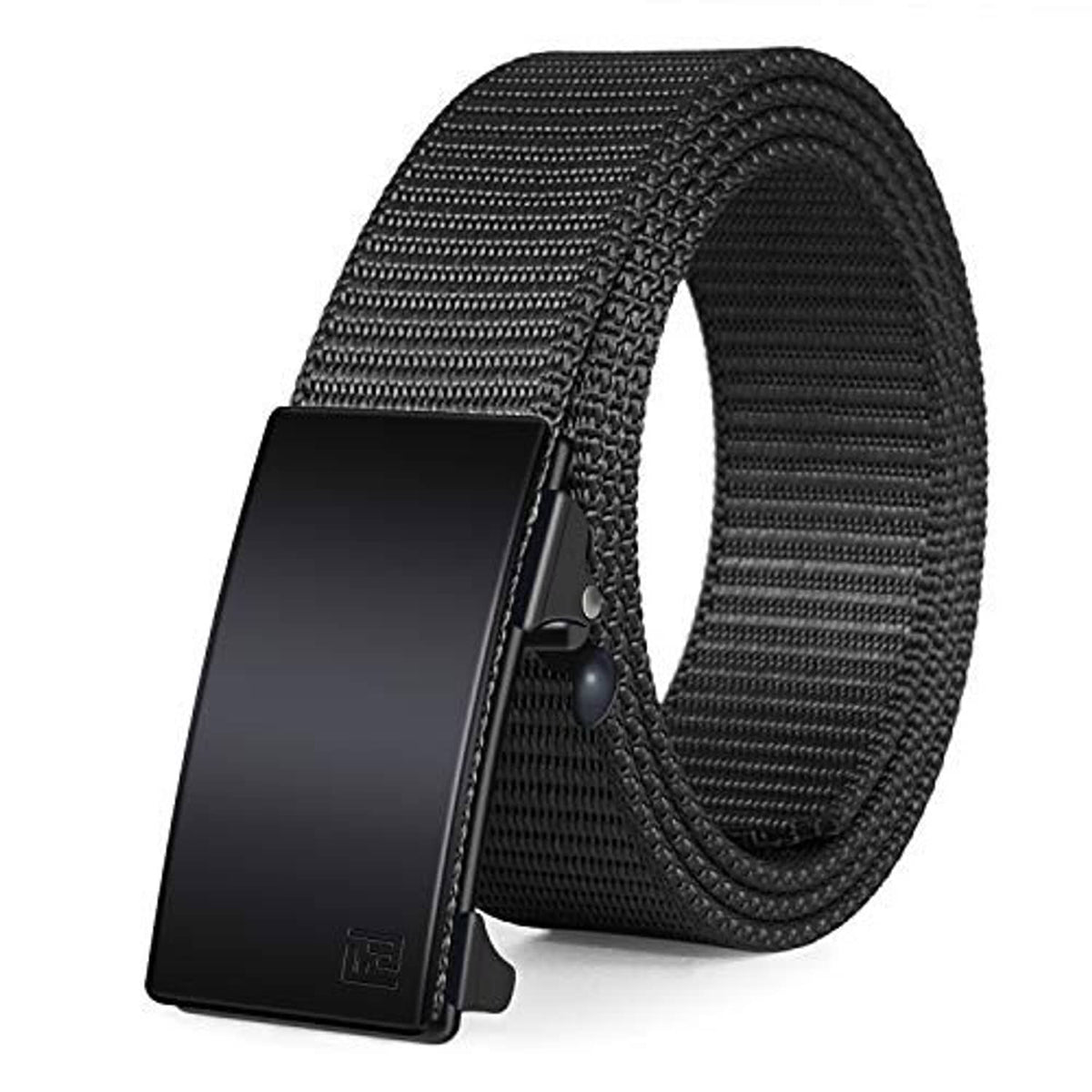 Black nylon ratchet web belt with rectangular automatic buckle, adjustable fit strap.